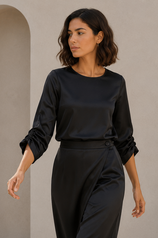 Blusa satín con manga recogida