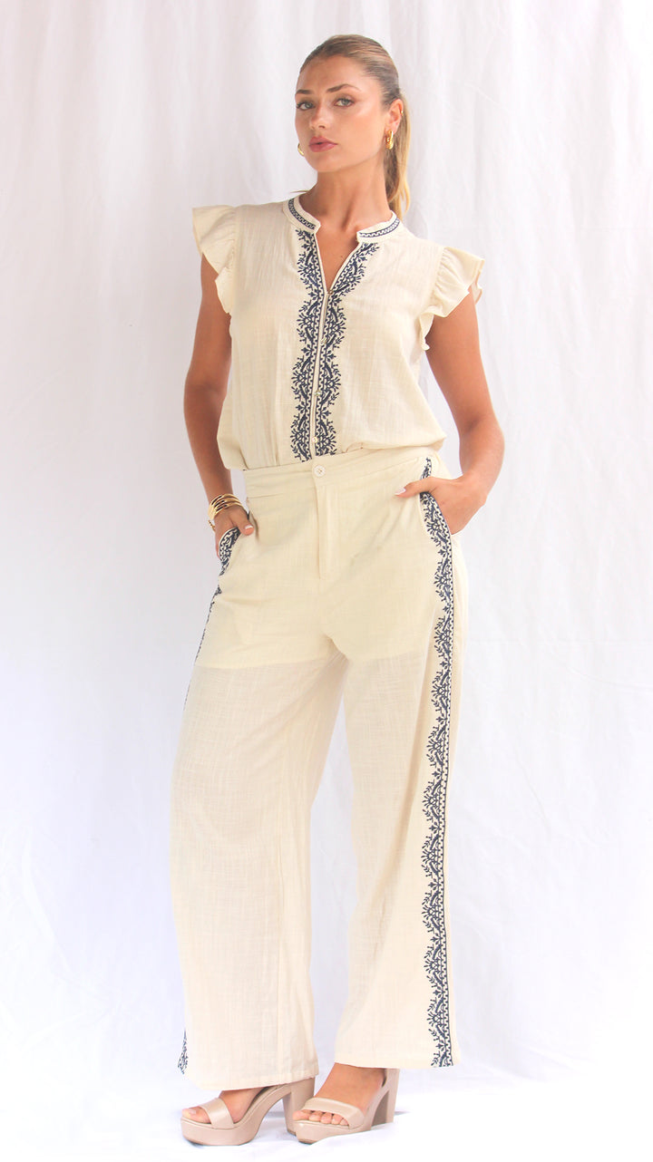 Pantalón algodón con bordado lateral