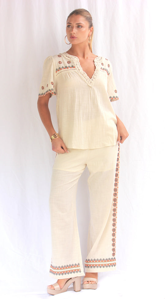 Pantalón algodón tejido con bordado