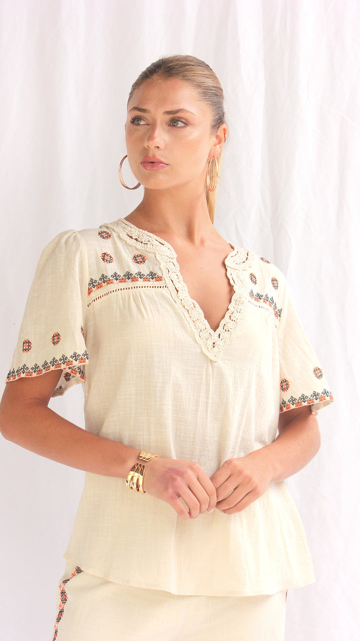 Blusa cuello V algodón tejido