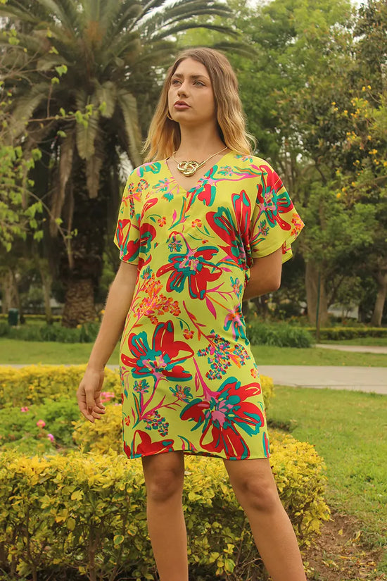 Vestido print corto cuello V