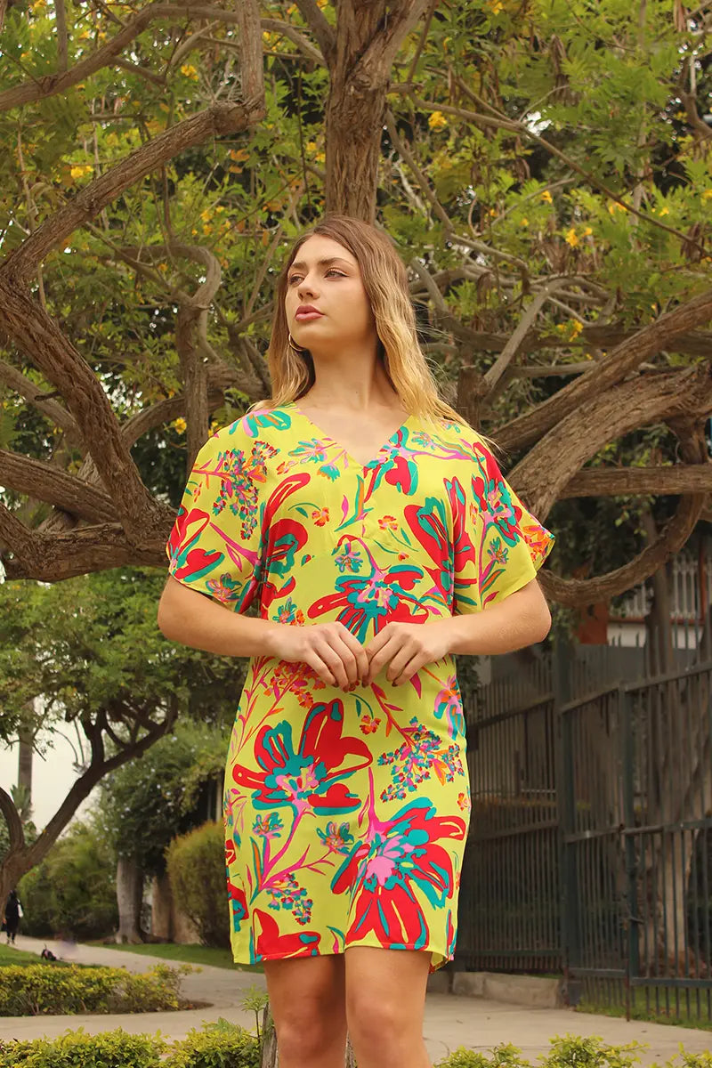 Vestido print corto cuello V